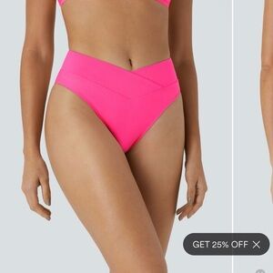 Halara Women's Crossover Bikini Bottom Swimsuit Neon Pink Size Large NWT